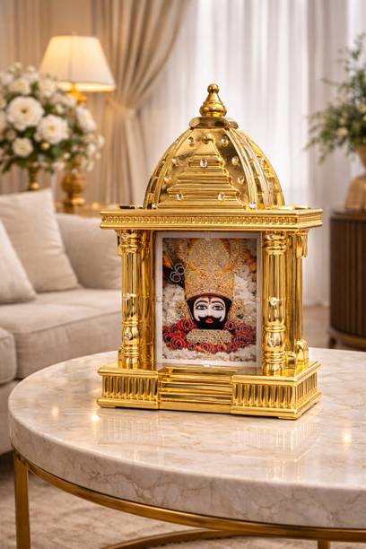 SHRI KHATUSHYAM CREATION LED Golden Temple Mandir with Khatu Shyam Ji Deity Idol Decorative Showpiece  -  27 cm