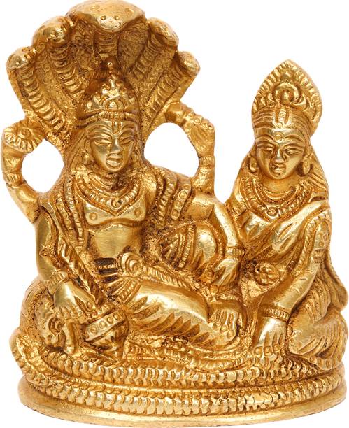 RACPREE Brass Metal Statue of Lord Vishnu Laxmi On Sheshnag Laxmi Narayan Size-3.75" Decorative Showpiece  -  9.5 cm