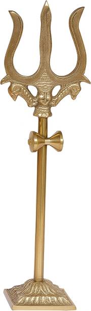 Storelix Brass Trishul, Trident Damru With Stand Brass Statue For Temple 10 Cm Decorative Showpiece  -  9.5 cm