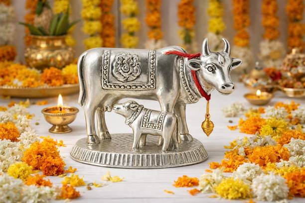 Sawariya crafted Metal Kamdhenu Cow & Calf Idol for Home Temple | Silver Finish Decorative Murti Decorative Showpiece  -  5 cm