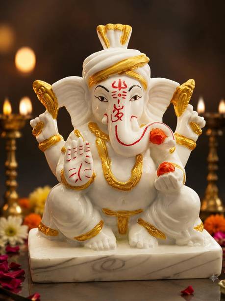 KRIXSHI MABRBLE PAGRI GANNESH MURTI IDOL Decorative Showpiece  -  15 cm