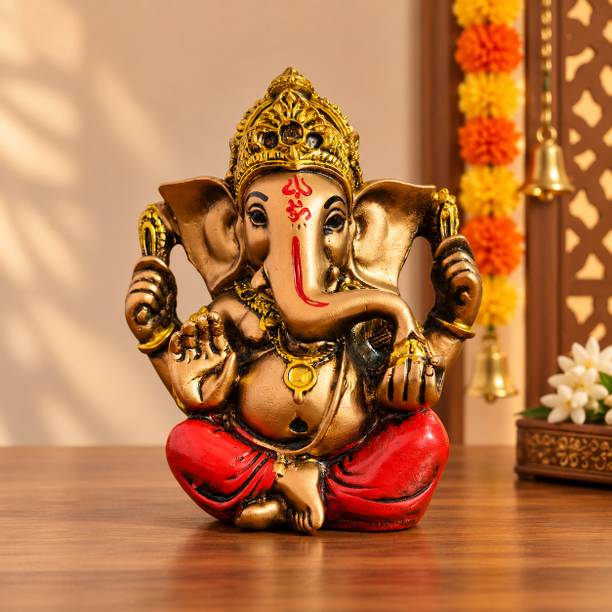 Anyzone Crafting Lord Ganesh Idol Gold Red for Ganesh Chaturthi Murti, Home Temple & Diwali Gift Decorative Showpiece  -  11 cm