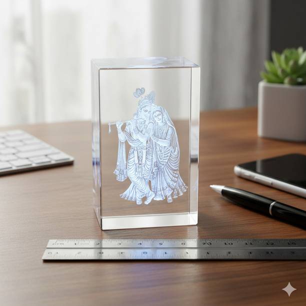 Lilone 3D Laser Engraved Radha Krishna Crystal Religious Decor Gift डेकोरेटिव शोपीस - 8 cm