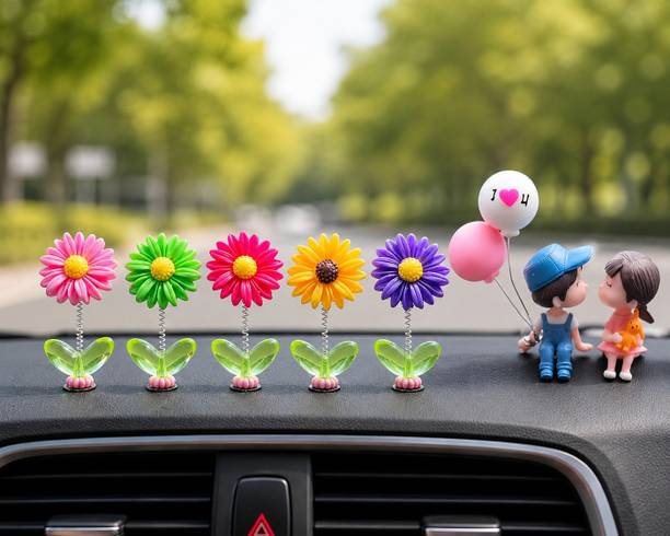 Szorviq Car Dashboard Decorative Flower Set with Cute Couple & Balloon Showpiece