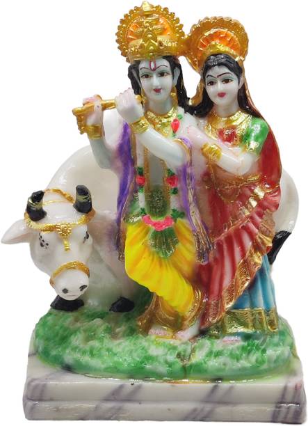 G LOOKS Radha Krishna with Cow Marble Dust Idol/ Krishna with Radha Statue 7.5 Inch Decorative Showpiece  -  19 cm