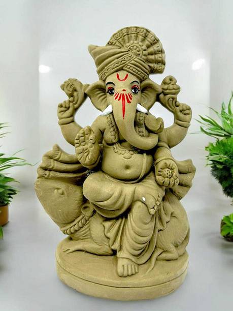 SUNINOW Suninow 100 % Eco Friendly Clay Ganesha Idol for Ganesh Chaturthi 8 inch Decorative Showpiece  -  18 cm