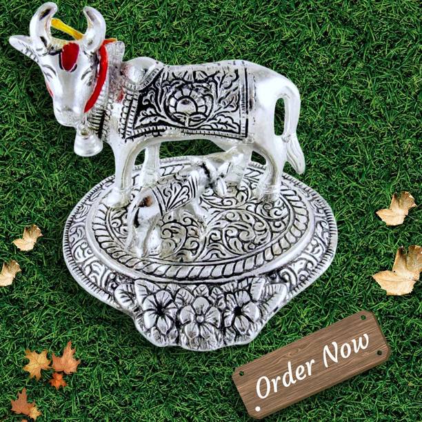 ABLOOM Antique Small Kamdhenu,Cow with Calf, Cow Size- 2x2.5 inch Decorative Showpiece  -  17 cm
