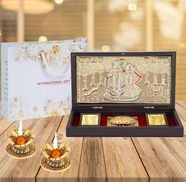 SMILES GIFT Gold Plated Radha Krishna Idol Charan Paduka Box With 2 Diya | For Return Gift Decorative Showpiece  -  4 cm