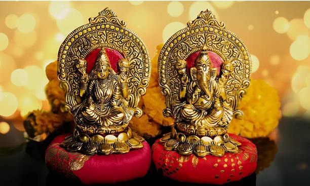 Wonder Care Wonder Care Lakshmi Ganesha Metal Murti Statue Decorative Showpiece  -  9 cm
