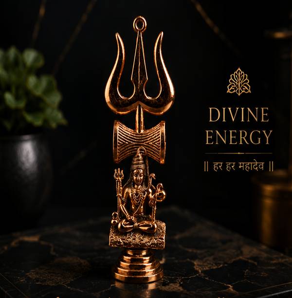 TRIYUGI Trishakti Mahadev Luxury Metallic Trishul Decorative Statue Premium Spiritual Decorative Showpiece  -  5.4 cm