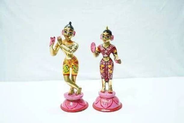 Hishaar Enterprises Pure Brass 8-Inch Hand Painted Radha Krishna Pair/Radha Raman Idols Designed Decorative Showpiece  -  8 cm