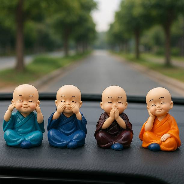 CW Set of 4 Monk Buddha Home, Office & Car Decor Resin Idol Set Decorative Showpiece  -  10 cm