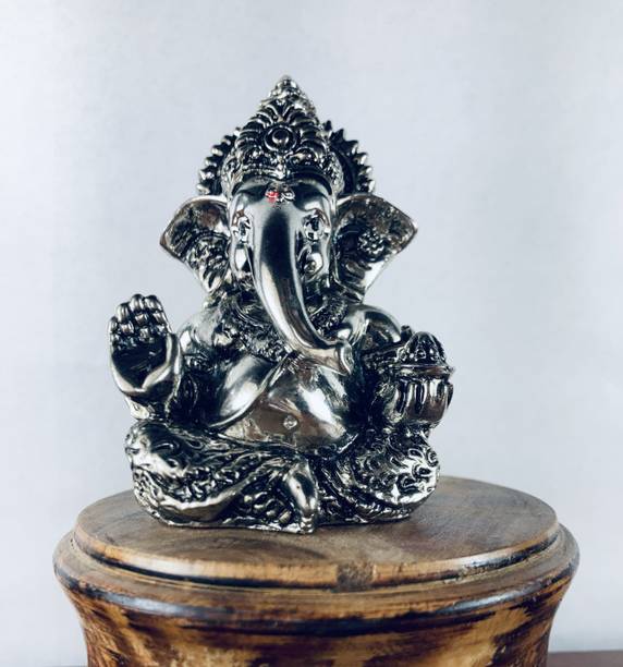 SIVAS999 SIVAS 999 Matte Silver Plated Antique Ganesha - 3.5" Home Decor, Decorative Showpiece  -  10 cm