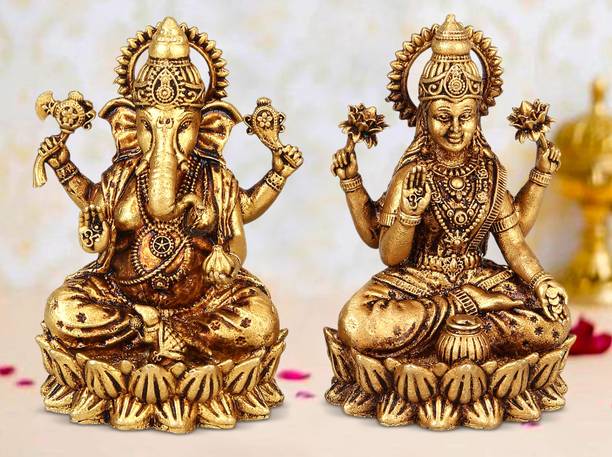 Craftcart Lakshmi Ganesh Brass Idol pair | Ultrafine & Lightweight | 100% Pure Brass | Decorative Showpiece  -  6 cm