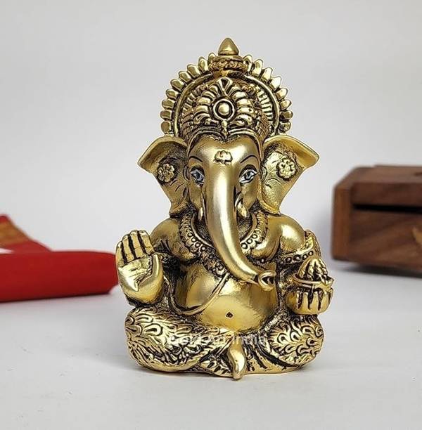 Twamev Ganesha Antique Gold Finishing Idol | Ganesha Murti | Ganpati Idol | Home Decor Decorative Showpiece  -  8.9 cm