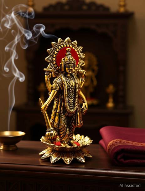 HandiKraft Creations Gold Plated Narayan/Vishnu Standing on Lotus Metal Statue for Pooja Decorative Showpiece  -  19 cm