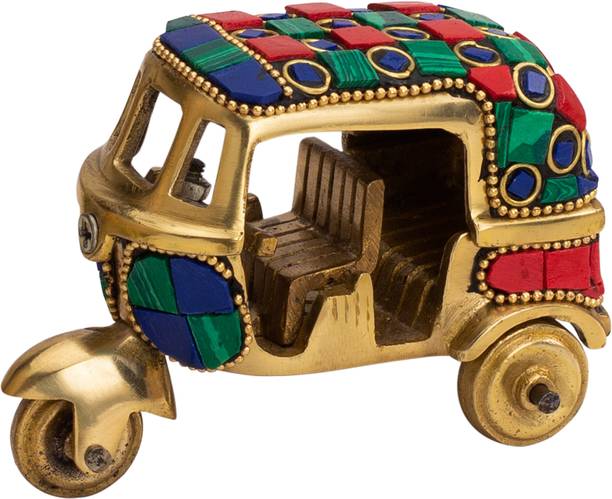 DevDecor Gemstone Work Vintage Style Brass Auto Rickshaw Miniature, Brass Decor Showpiece Decorative Showpiece  -  7 cm