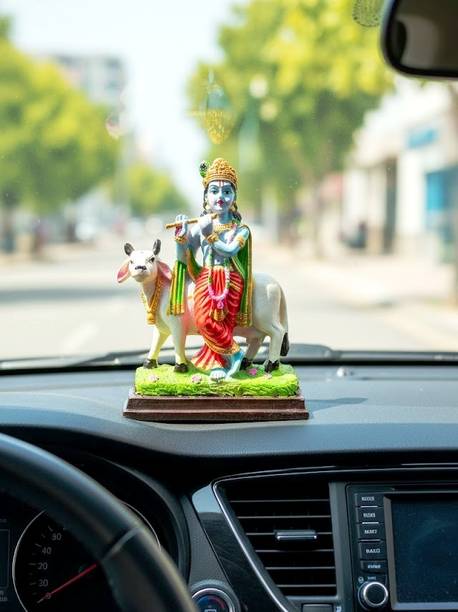 ALLAMANDAA Lord Krishna Playing Flute with Cow Statue – Colorful Hindu God Krishna Idol Decorative Showpiece  -  12 cm