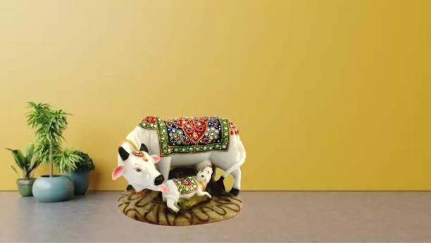 DARIDRA BHANJAN Marble dust/Polyresin Cow and Calf Big Statue Decorative Showpiece  -  10 cm