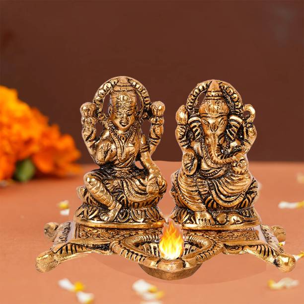Kitlyn Lakshmi Ganesh Idol with Diya Brass Ganesh ji, Laxmi Ji Idol for Pooja Room Decorative Showpiece  -  10 cm