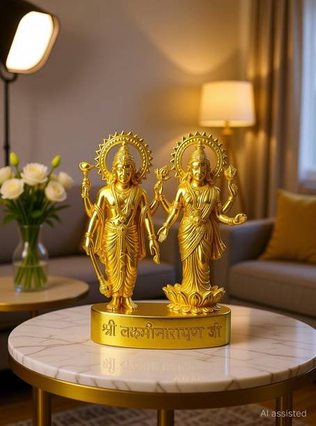 Divya Setu Gold Plated Lakshmi Narayan Idol for Puja | Lord Vishnu & Goddess Lakshmi Decorative Showpiece  -  12 cm