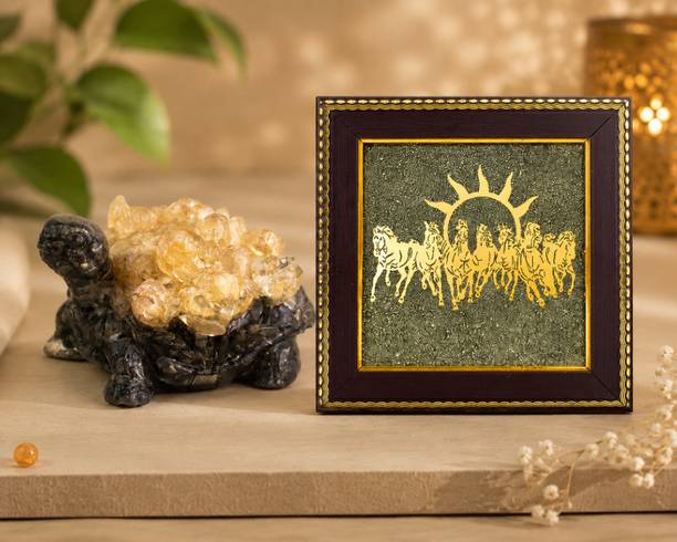 Swarnangshu Home Decor | Pyrite Citrine Tortoise & 7 Horses Frame Decorative Showpiece  -  7 cm
