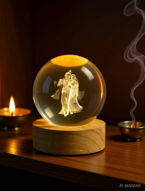 VoraPrime 3D Radha Krishna Crystal Ball Night Lamp | LED Wooden Base Galaxy Decor Light Decorative Showpiece  -  6 cm