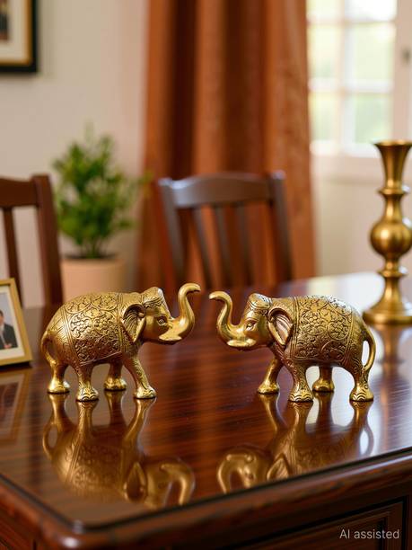 KridayKraft Metal Elephant Statue Small Size Gold Polish 2 pcs Set for Showpiece Your Home,Office Table & Gift Article,Animal Showpiece Figurines... Decorative Showpiece - 9 cm