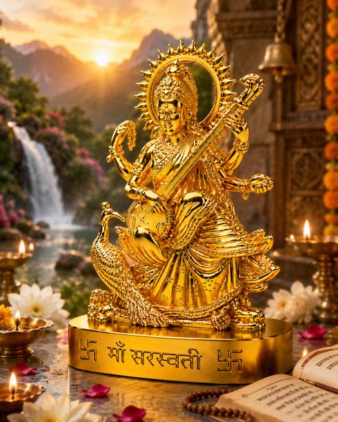 HUZUR JI TRADERS Golden Maa Saraswati Idol Statue for Home Temple Decorative Showpiece  -  10 cm