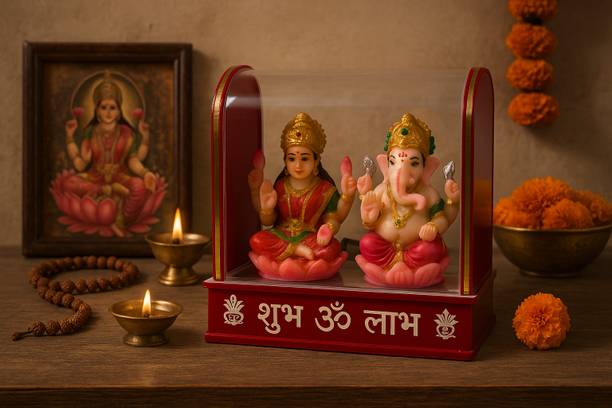 S.Blaze Laxmi Ganesh Religious Idol with Om Symbol, Glass Case Display Decorative Showpiece  -  11.5 cm
