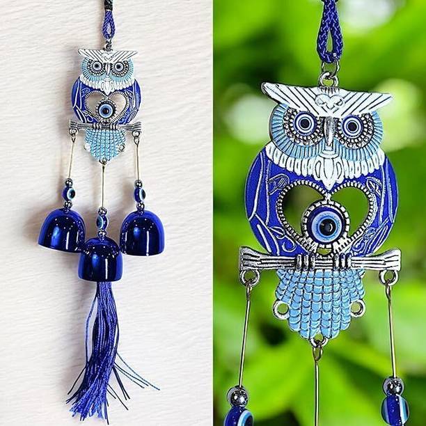 Mata Rani Enterprises Lucky Owl Metal Evil Eye Wind Chimes for Home Positive Energy Decorative Showpiece  -  38 cm