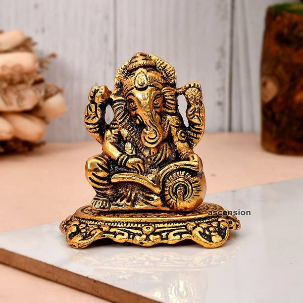 Ascension Metal Lord Ganesha Statue Golden Brass Hindu God Ganpati Sculpture for Home Decorative Showpiece  -  7 cm