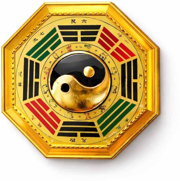 ASRYD Golden Feng Shui Bagua Mirror with Yin Yang Symbol Decorative Showpiece  -  14 cm