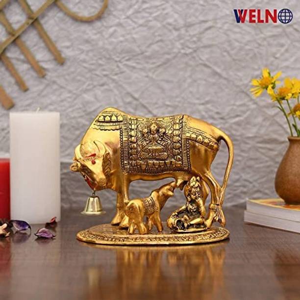 welno international Metal Krishna With Religious Kamdhenu Cow with Calf Decorative Showpiece  -  14 cm