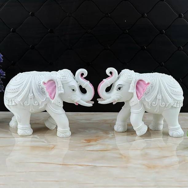 SEVLIYA TRADERS Pack of 2 White Elephant Showpieces 5x4 inch Marble Resin Home Decor Statues Decorative Showpiece  -  10.1 cm