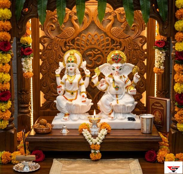 ANI DIVINE Luxury Lakshmi Ganesh Idol Pair – Decorative Marble Finish Laxmi Ganpati Statue Decorative Showpiece  -  17 cm