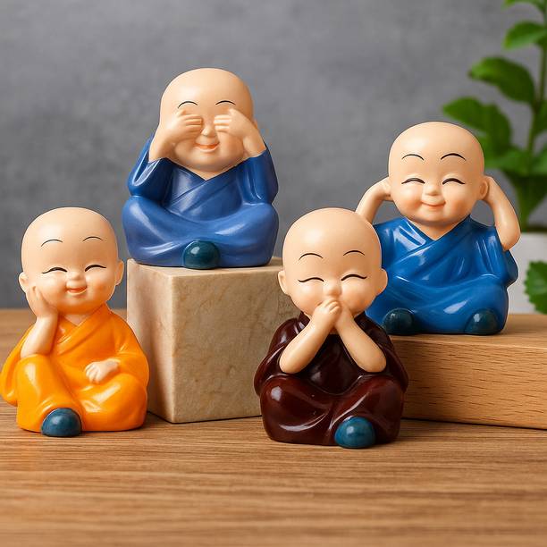 CW Set of 4 Monk Buddha Home, Office & Car Decor Resin Idol Set Decorative Showpiece  -  10 cm