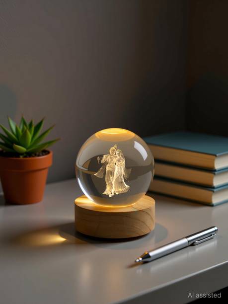 Kanha Enterprises Radha Krishna Crystal Ball Night Light USB Wooden Base for Home Office Gifts Decorative Showpiece  -  8 cm