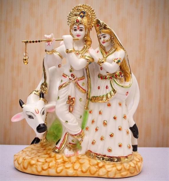 SriMaa Ventures Handcrafted Radha Krishna Murti with Cow Marble Dust Idol for Janmastami Decorative Showpiece  -  28 cm