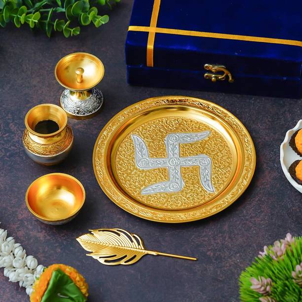 aaravi arts Silver Plated Swastik Pooja Thali Set with Velvet Box for Diwali Poojan Decorative Showpiece  -  20 cm