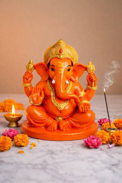 GOD DARBAR ORANGE GANESH IDOL Decorative Showpiece  -  11 cm