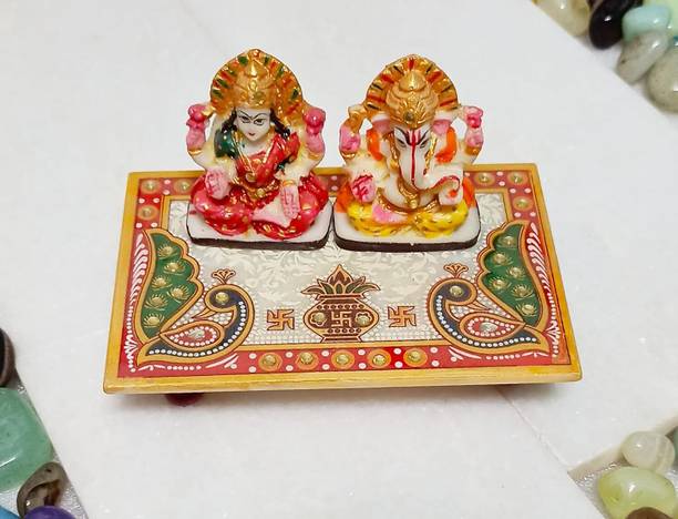 Fashion Art Multi-Color Marble Chowki with Laxmi & Ganesh Ji Decor For Home or Office Decorative Showpiece  -  11 cm