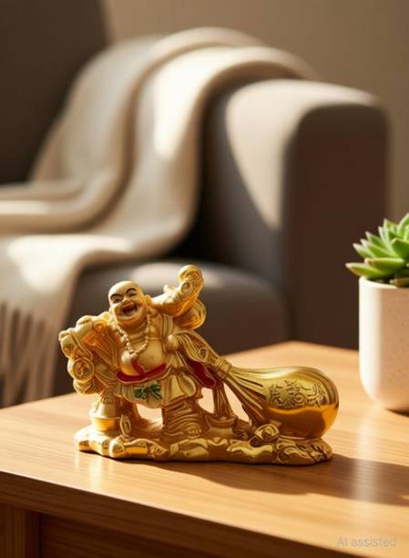 Divine Creations Feng Shui Laughing Buddha with Money Potli for Health & Good Luck to your Home Decorative Showpiece - 7.62 cm