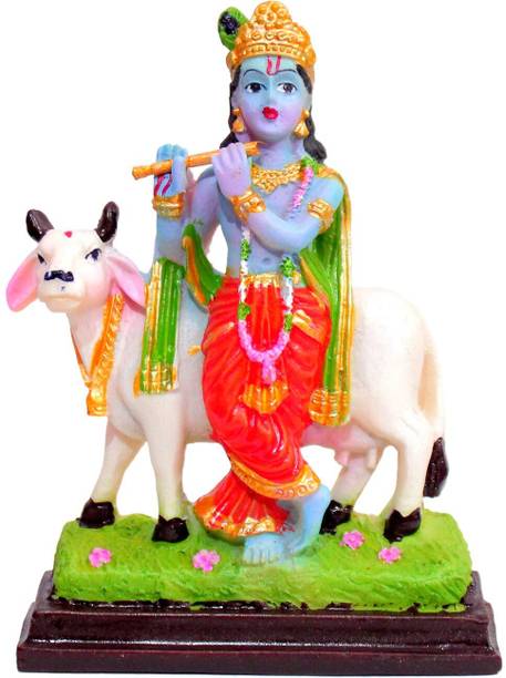 ALLAMANDAA God Standing Krishna Murti Playing Flute and Cow Gau MATA Idol/Statue/Figurine Decorative Showpiece  -  12 cm