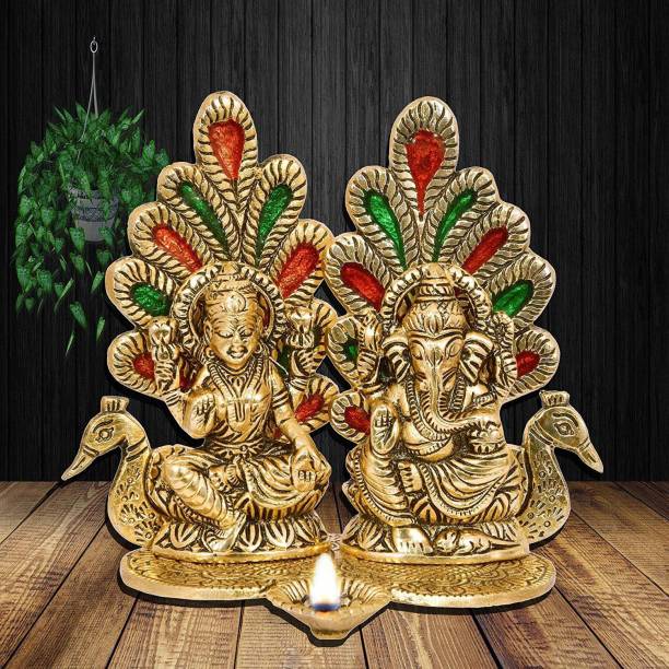 Jitesh Handicrafts Beautiful Lakshmi ji , Ganesh Ji Murti Idol Meenakari With Peacock Behind &amp; Diya Decorative Showpiece  -  15 cm