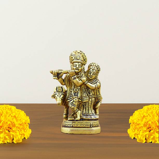 SMILES GIFT Gold Plated Brass Radha Krishna Idol with Kamdhenu Cow Decorative Showpiece  -  8.89 cm