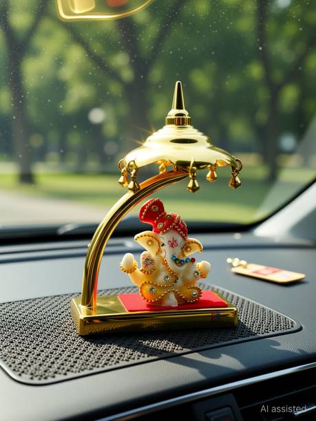 Saichha Gifts Ganesh Ji Idol Statue for Car Dashboard with Umbrella home decor Decorative Showpiece  -  13 cm