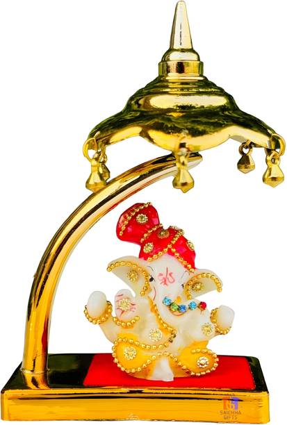 Saichha Gifts Ganesh Ji Idol Statue for Car Dashboard with Umbrella home decor Decorative Showpiece  -  13 cm