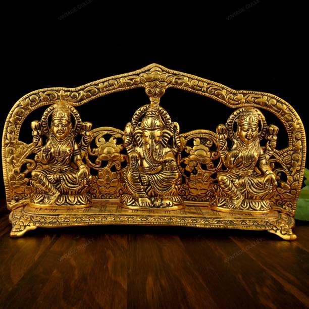 vintage gulley White Metal Golden Oxidised Laxmi Ganesh Saraswati Decorative Showpiece  -  9 cm