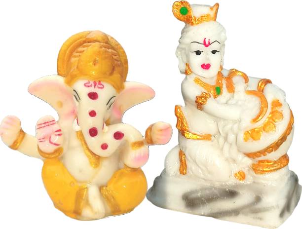CUGONA kanha ji murti with ganesh ji murti , matki Krishna ji Murti with ganesh idol Decorative Showpiece  -  9 cm